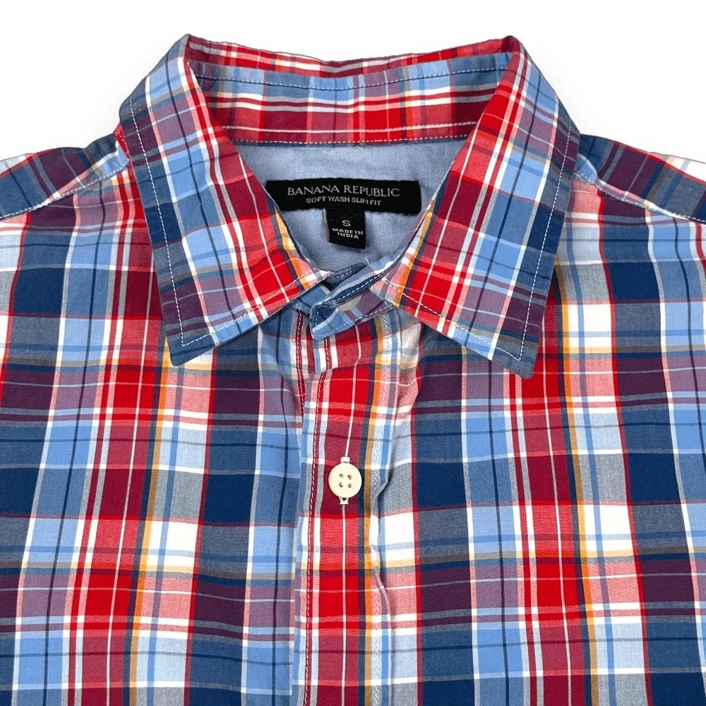 Banana Republic Shirt Mens Small S Blue Plaid Slim Fit Long Sleeve Button‎ Down
